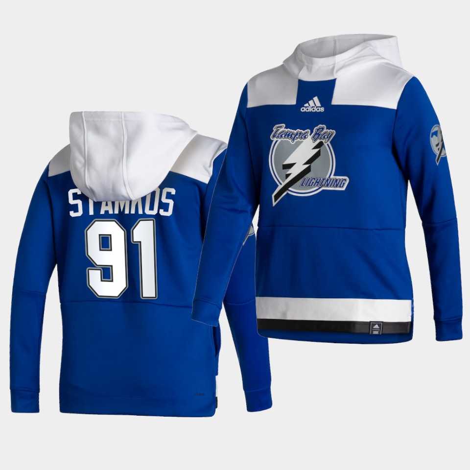 Men Tampa Bay Lightning 91 Stamkos Blue NHL 2021 Adidas Pullover Hoodie Jersey